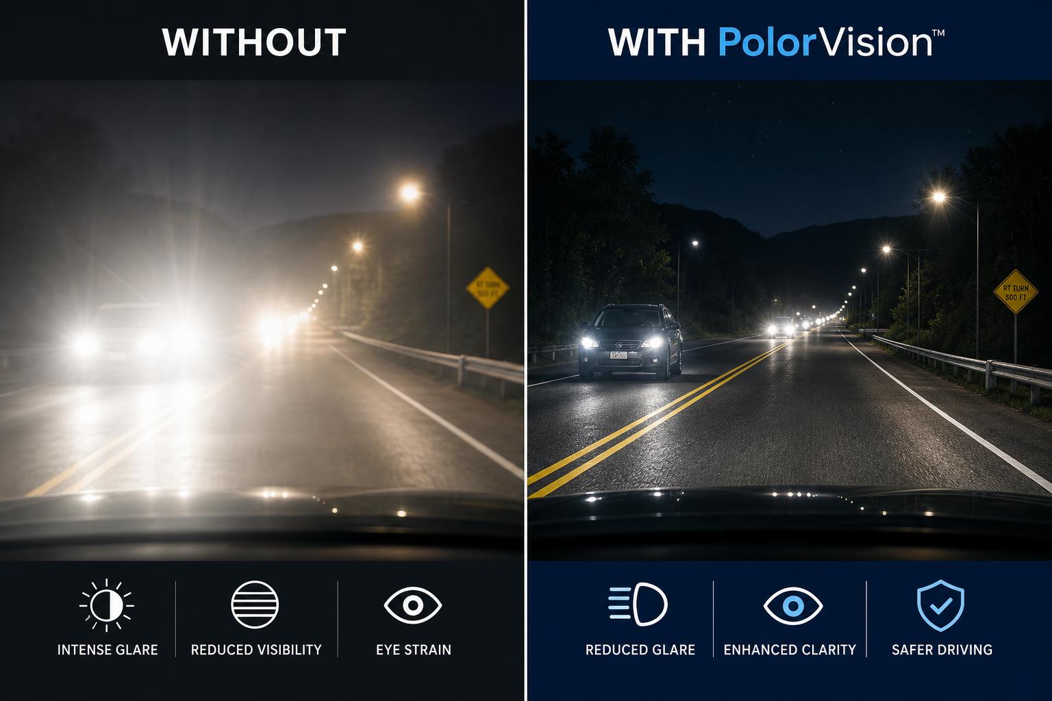 Comparison: without vs with PolorVision driving glasses
