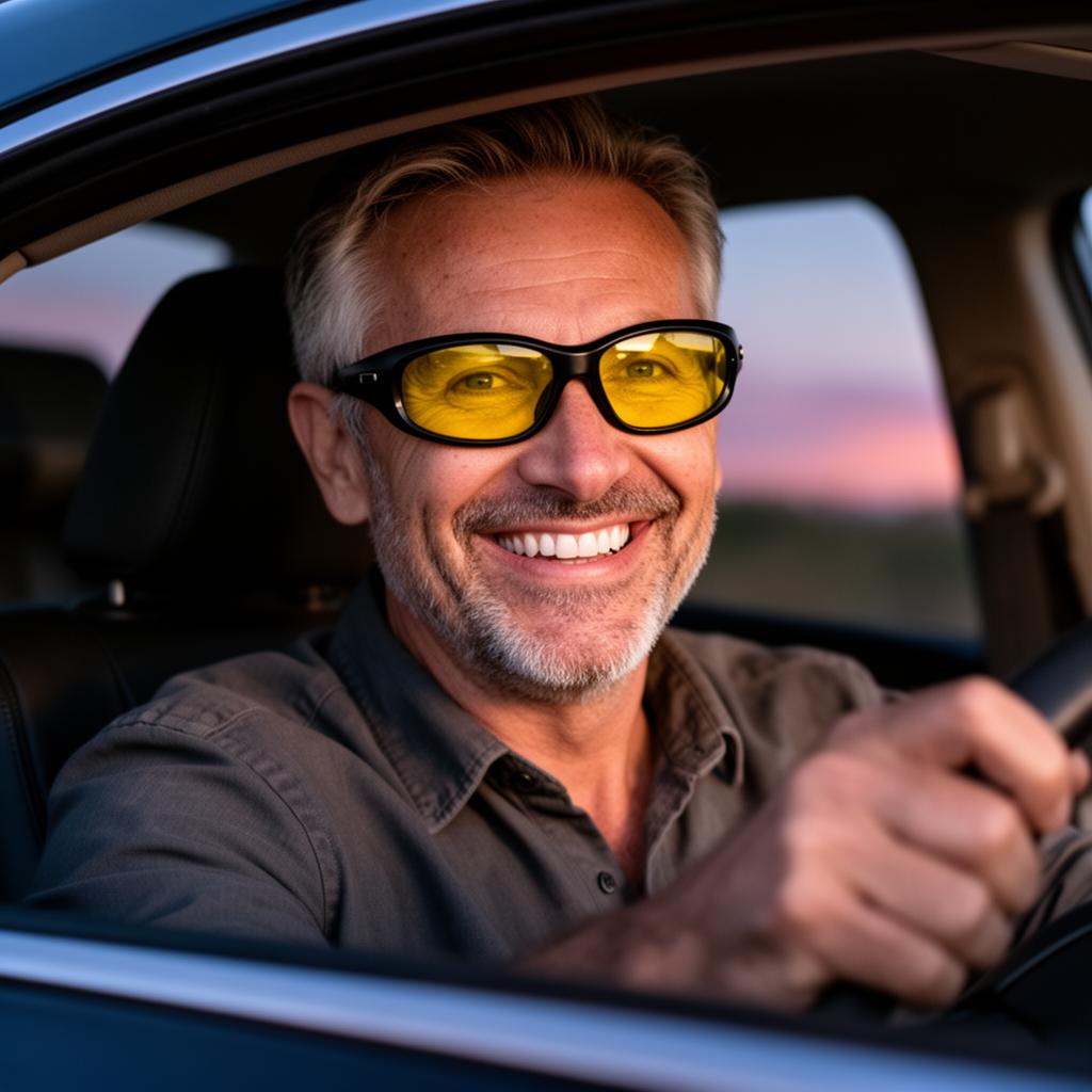 Driver wearing PolorVision driving glasses at dusk